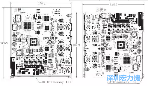 如圖7所示是使用不同數(shù)量邊條的拼板，拼板1僅使用了一個邊條，直接利用PCB另一邊作為SMT工藝傳送邊，并且PCB圖形中有合適的安裝孔；而拼板2則是按常規(guī)設(shè)計了兩個邊條。拼板方式為連接筋。圖中“Breakaway Tab”指邊條-深圳宏力捷