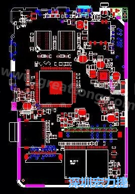 上圖是一個(gè)開發(fā)板的PCB，從布局中可以看出各個(gè)接口電路分離很明確，SDRAM和DDR以及SD卡接口電路等走線不會(huì)造成相互的干擾。-深圳宏力捷