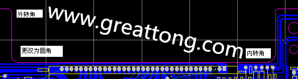 PCB設(shè)計時單面板的轉(zhuǎn)角都需為圓角，R1.0mm或R2.0mm為宜。
