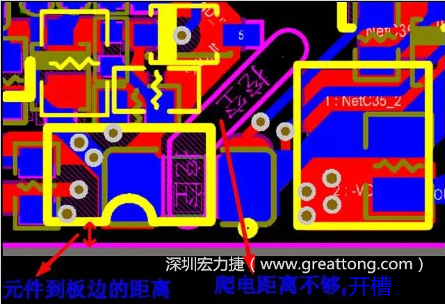 如果碰到模塊PCB空間有限，爬電距離不夠，可以采用開槽的方式